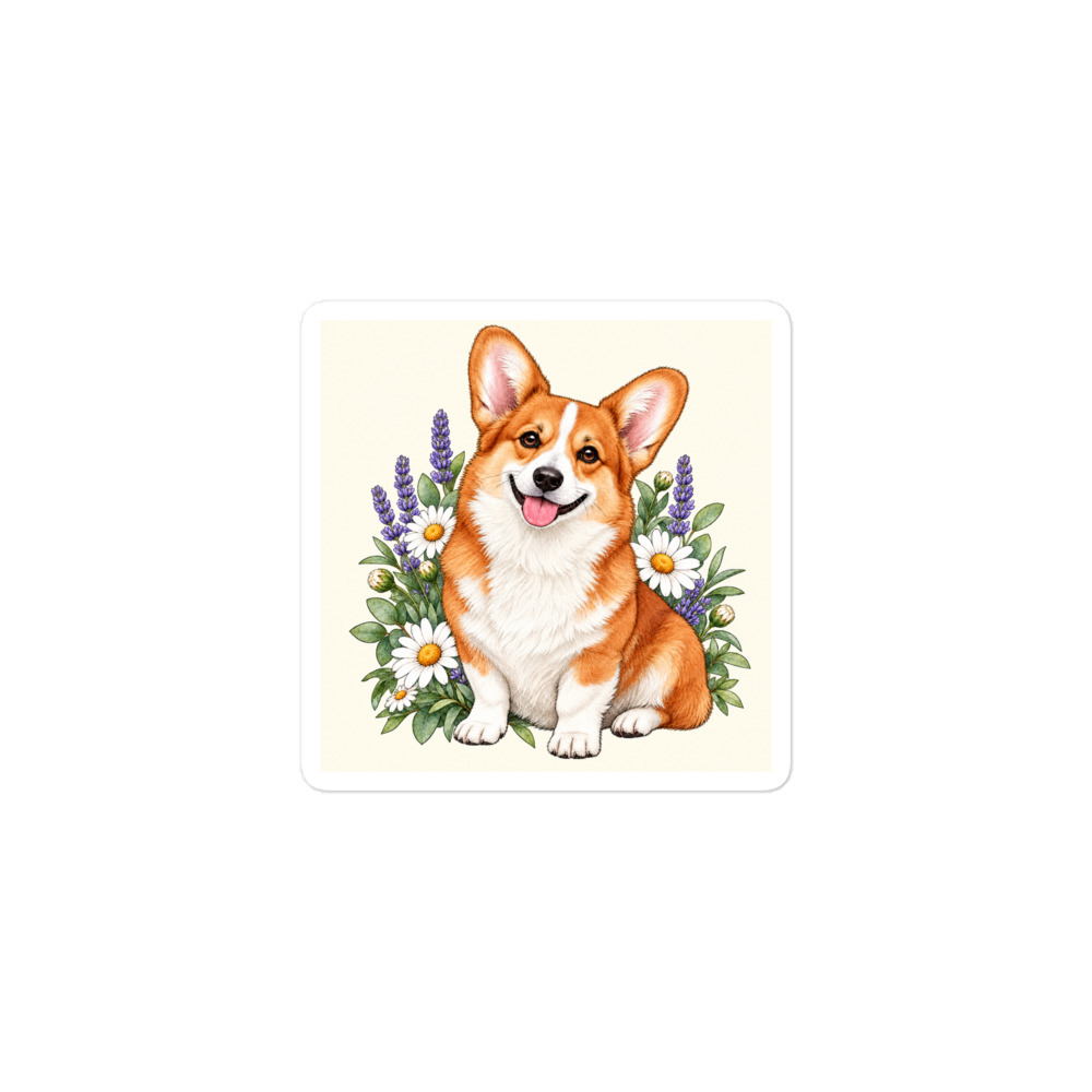 Corgi Wildflower Square Vinyl Sticker 3x3 in - Dog Lover Gift