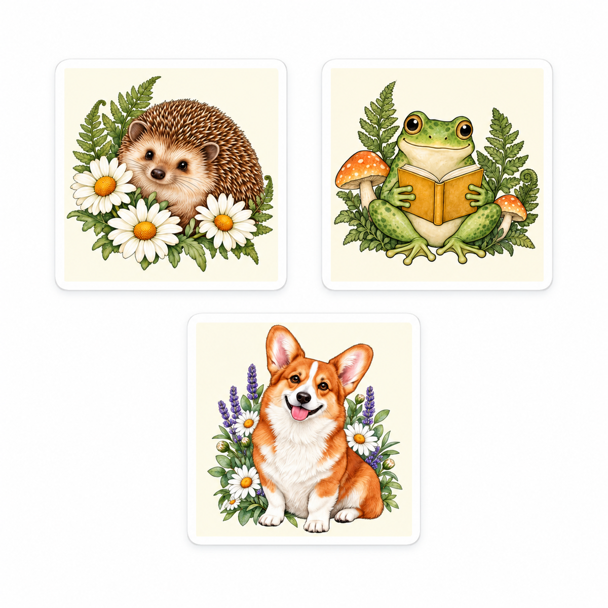 Woodland Animal Sticker Pack - Frog Hedgehog Corgi - 3 Vinyl Stickers 3x3 in