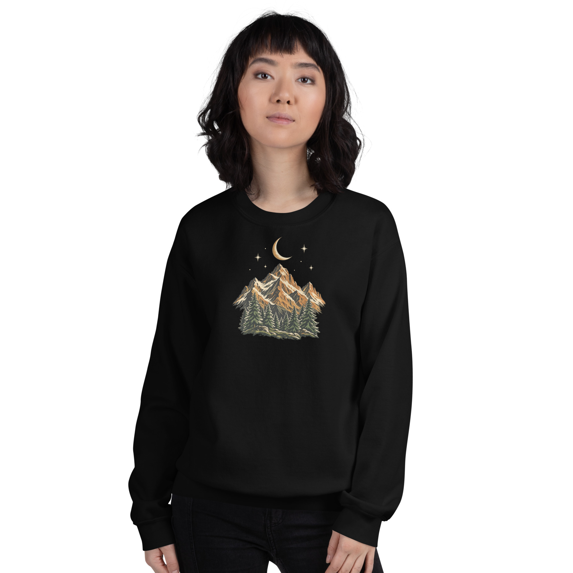 Printful digital mockup of the black Mountain Moon crewneck sweatshirt on a woman, viewed from the front.