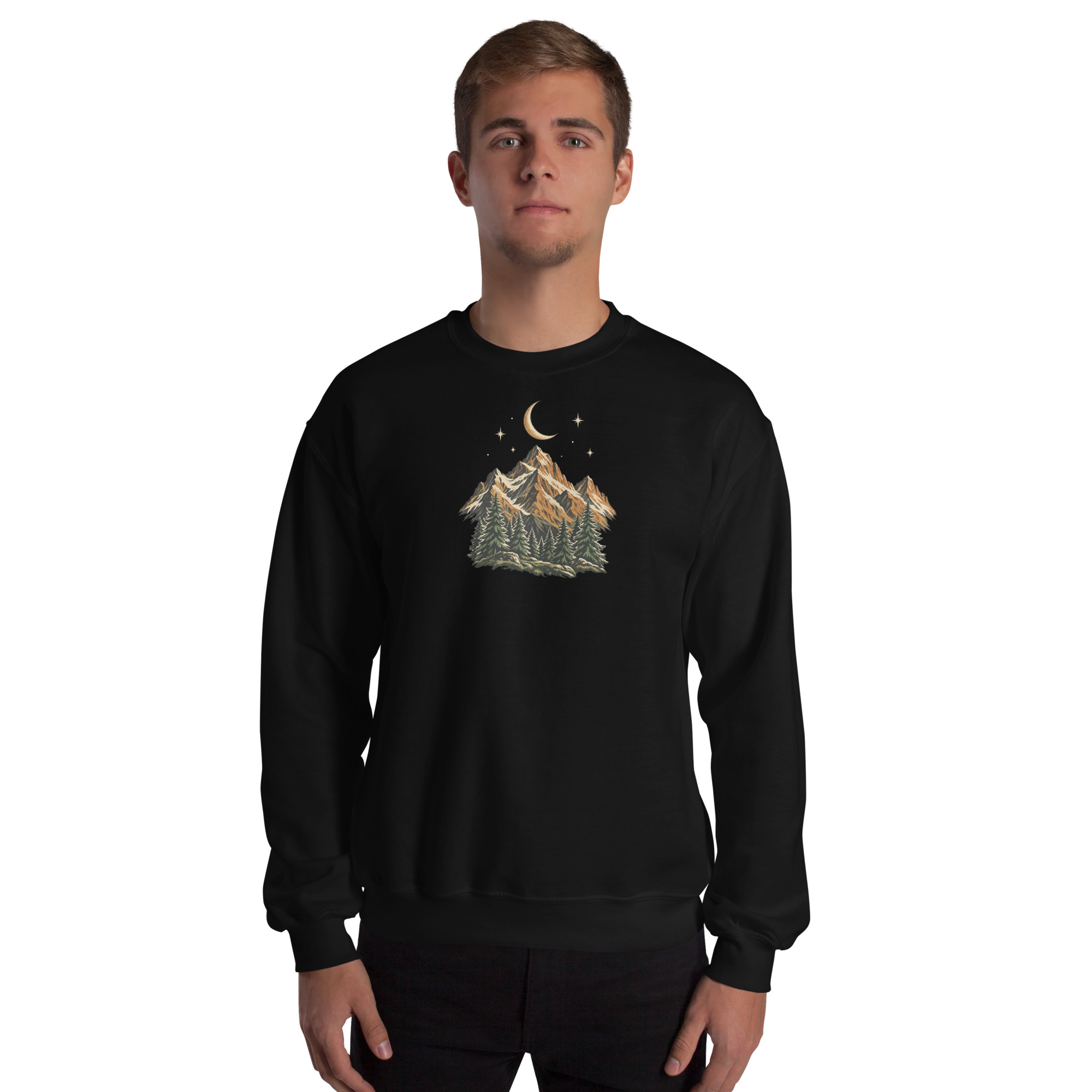 Printful digital mockup of the black Mountain Moon crewneck sweatshirt on a man, viewed from the front.