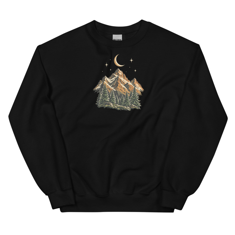 Supplier mockup of a black crewneck sweatshirt with golden mountain peaks, evergreen trees, stars and a crescent moon