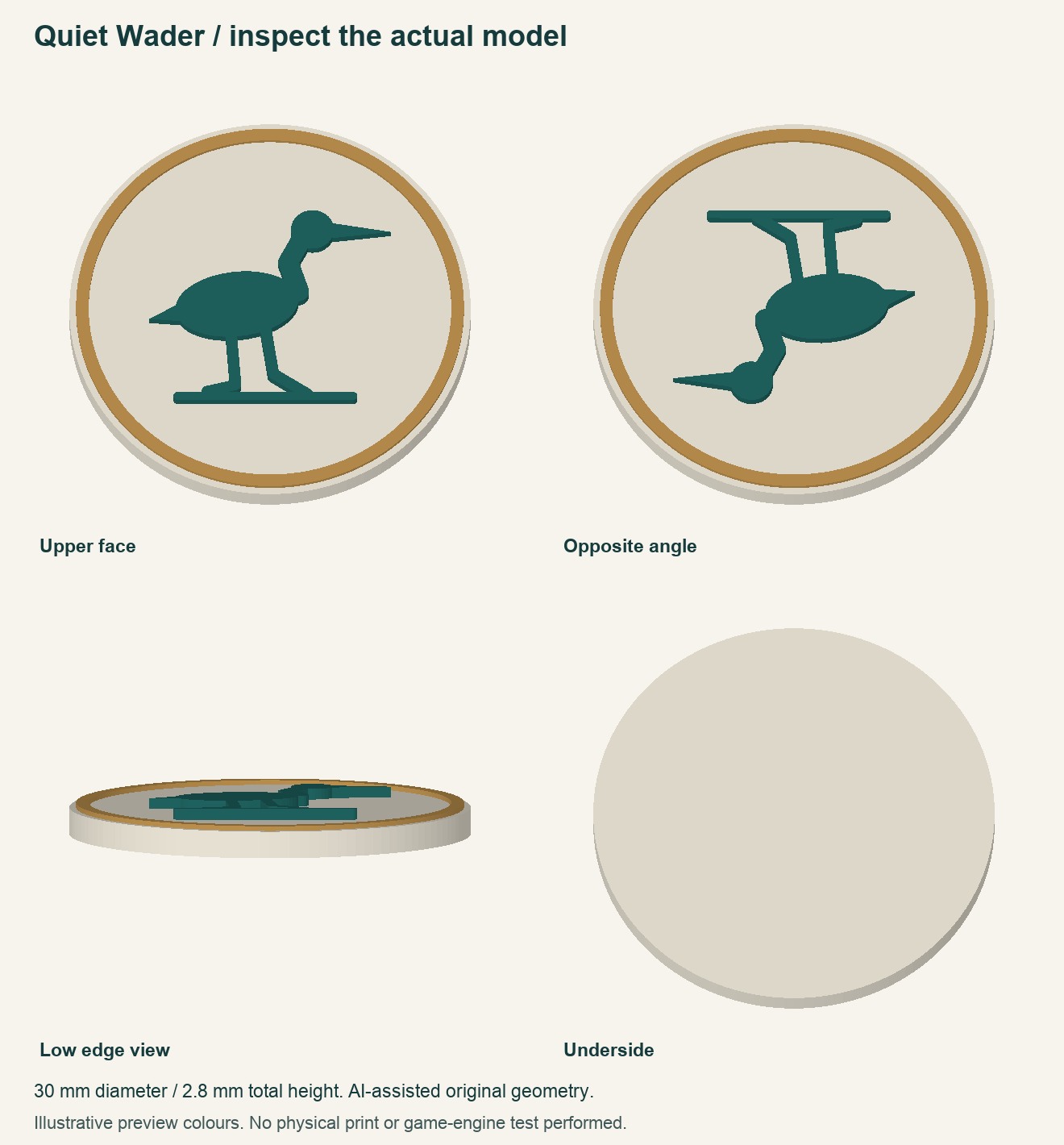 Quiet Wader digital model: upper face, opposite angle, low edge and underside