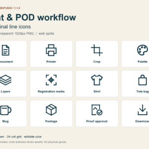 Twelve examples from the 48-icon Print and POD Workflow set; editable SVG and transparent PNG formats